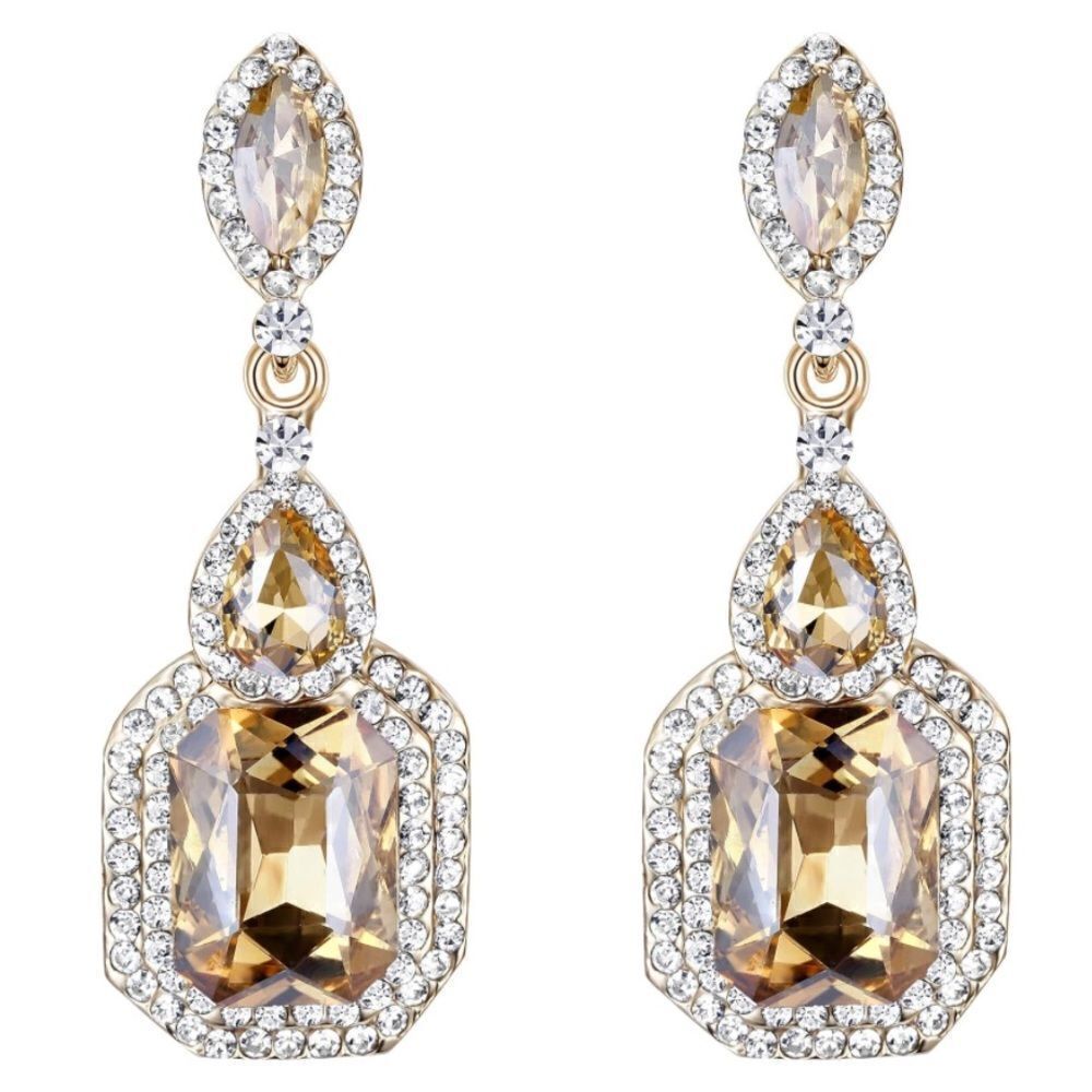 Yellow Gold with Champagne Topaz Austrian Crystal Chandelier Clip On Earrings